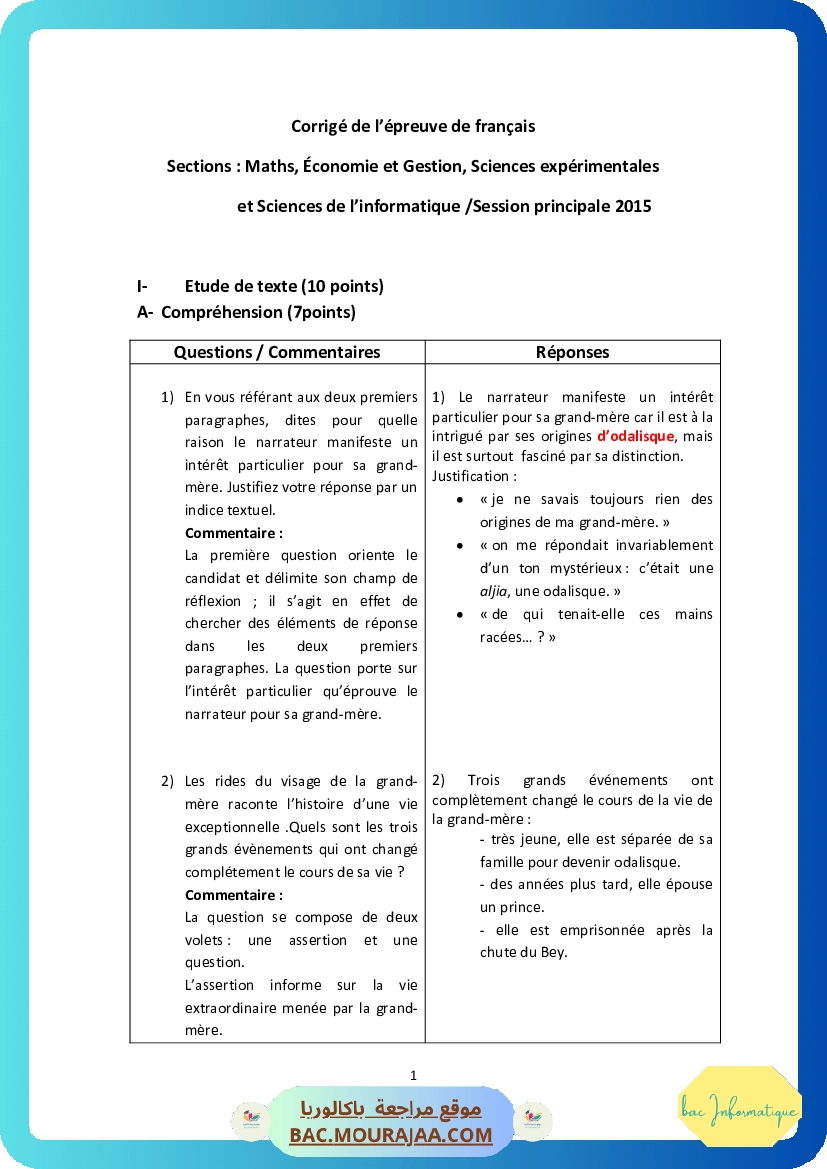 Corrigé principale francais Bac 2015 – Section info